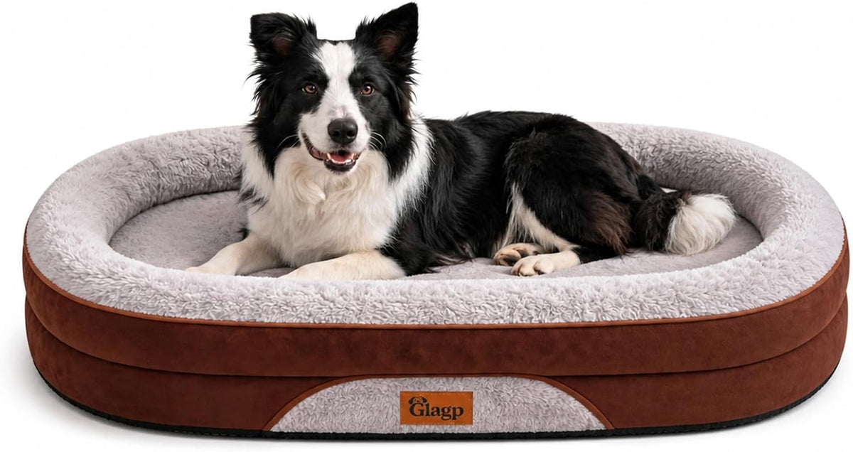Orthopedic Dog Beds Large Sized Dog, Washable Dog Bed, 42" L, Brown | XL Egg-Crate Foam Pet Bed, 360° Oval Bolster, Waterproof Lining, Non-Slip Bottom, Faux Rabbit‑Fur Cover