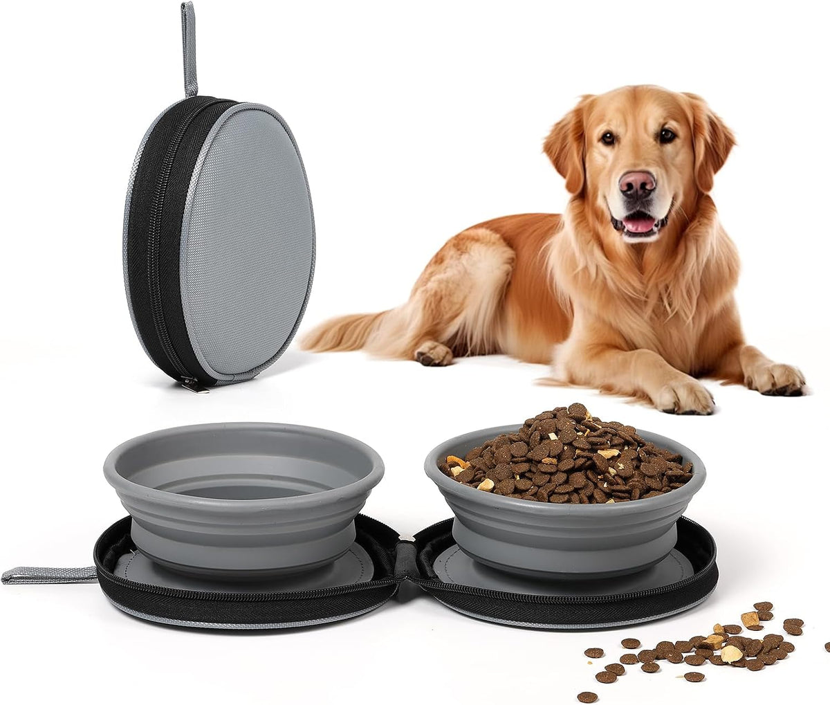 Silicone Collapsible Dog Bowl,2 in 1 Portable Water|Food Bowl for Dog and Cat,Canvas Storage Bag,Folds Flat for Easy Storage,Making It Ideal for Travel,Camping,Hiking,Outdoor Adventures,Daily Walks