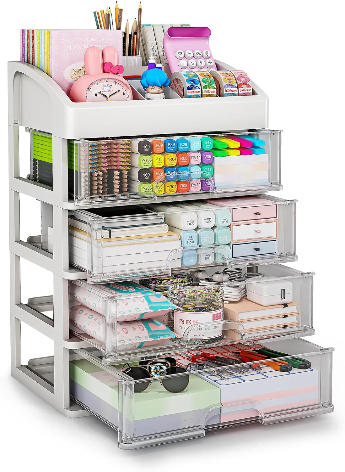 Desk Organizer with 4 Drawer Storage, Desktop Drawers Organizer for Office/School Supplies, Plastic Stationary Makeup Organizer, Desk Storage Box Organizer for Office, School, Bathroom