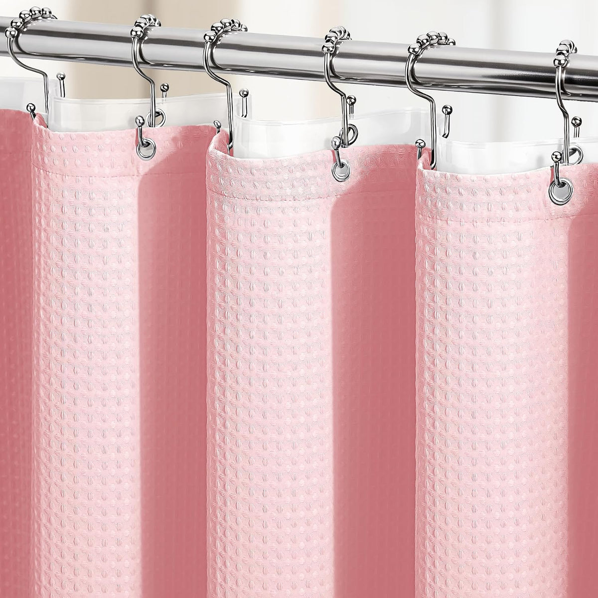 Long Shower Curtain and Liner Set - 78 Inch Tall Waffle Fabric, Waterproof Clear Liner, Heavy Duty Weighted Hotel Luxury Cloth Shower Curtains for Bathroom with 12 Hooks, 72X78, Pink