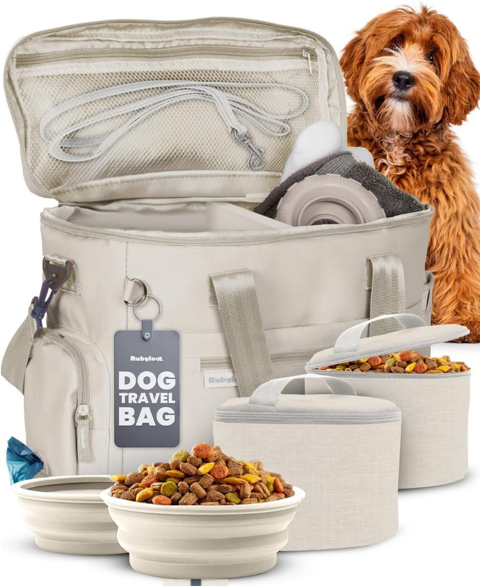 The Original Doggy Bag™ - Complete Dog Travel Bag for Supplies with 2 Bpa-Free Travel Dog Bowls & 2 Pet Food Containers - Traveling Kit for Road Trips, Camping, Weekend Away or Doggy Gift: Beige
