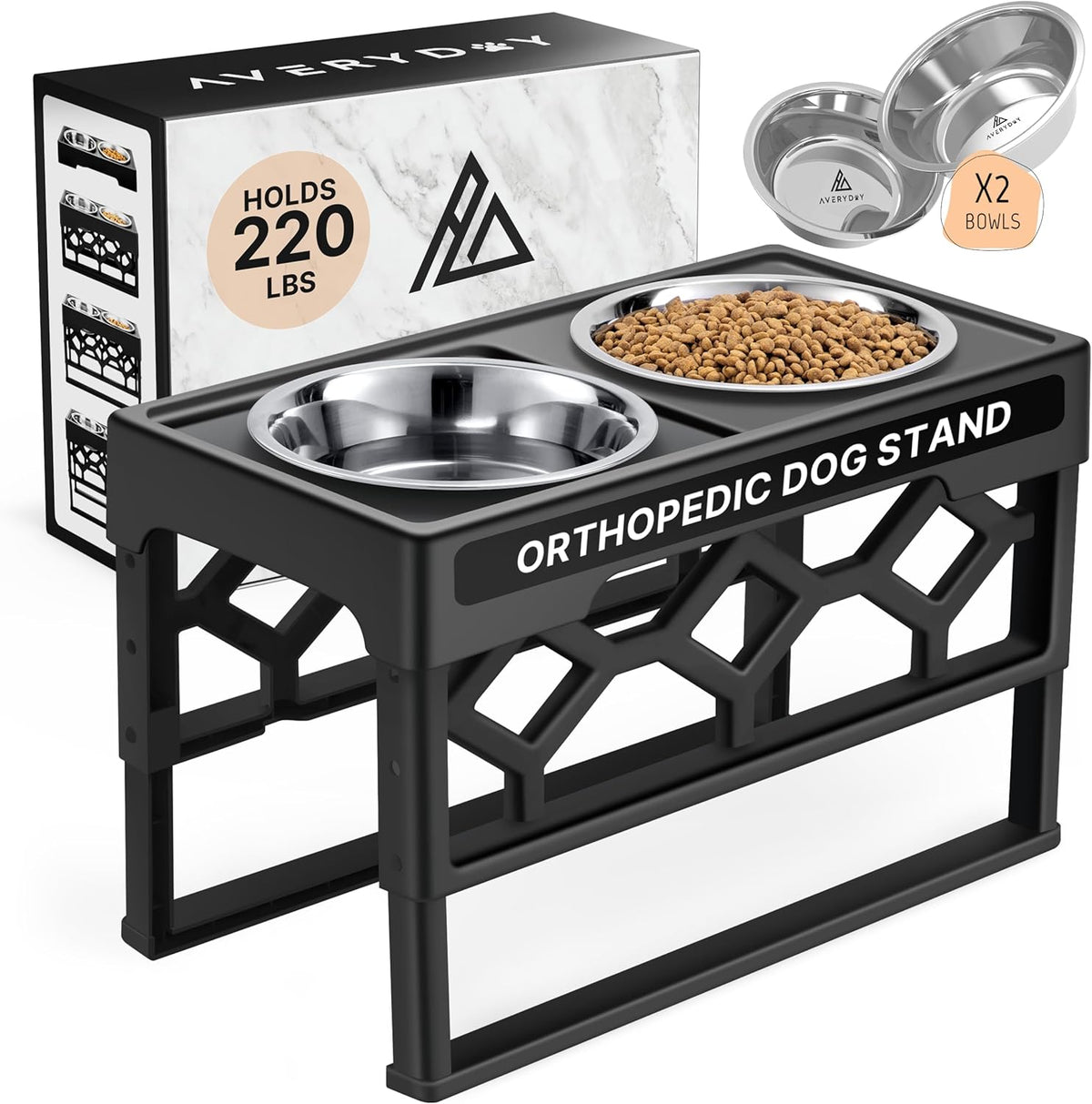 AVERYDAY Elevated Dog Bowls, 4 Height Adjustable Stand for Medium and Large Dogs, Raised Dog Feeder Holder with 2 Stainless Steel Food and Water Bowls, Anti-Slip Base Tall Feeding Station