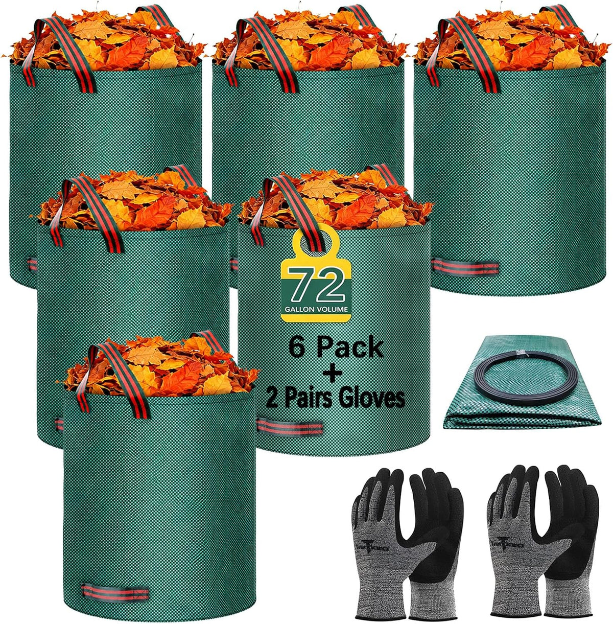 6 Pack 72 Gallon Leaf Bags Reusable Yard Waste Bags Lawn Bags,1 Pairs of Gardening Gloves Are Included,Suitable for Camping Yards, Can Cleaning Debris, Leaves,Grass Clippings