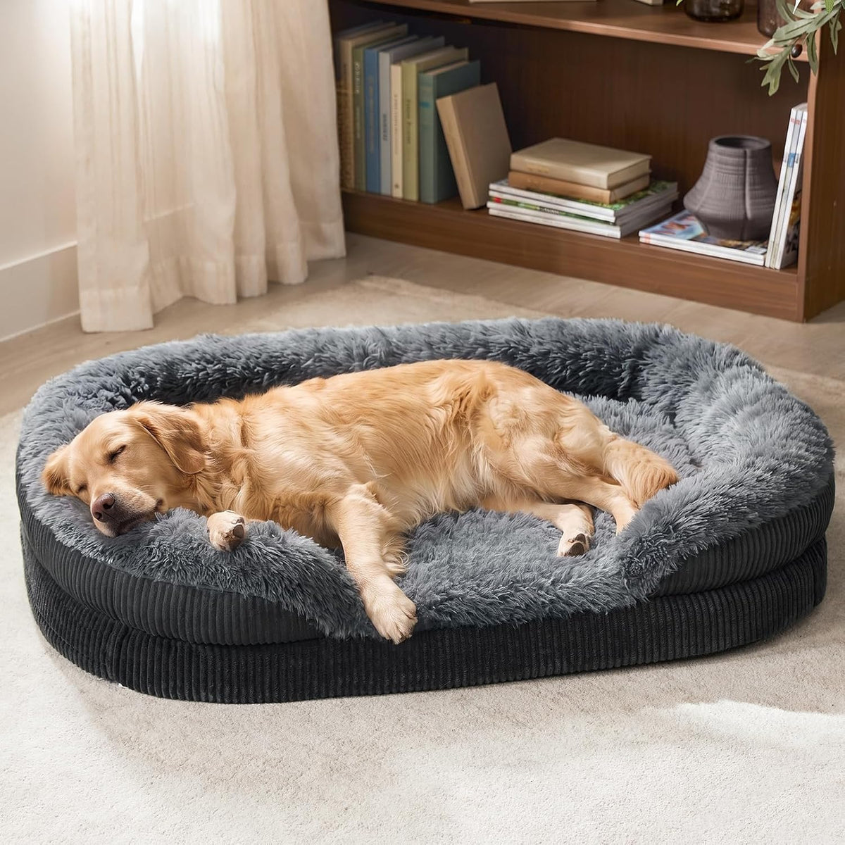 INVENHO Fluffy Orthopedic Dog Beds Large Sized Dog, XL Egg-Crate Foam Bolster Sofa Bed with Washable Removable Waterproof Cover, Fluffy Plush Faux Fur Dog Bed with Non-Skid Bottom