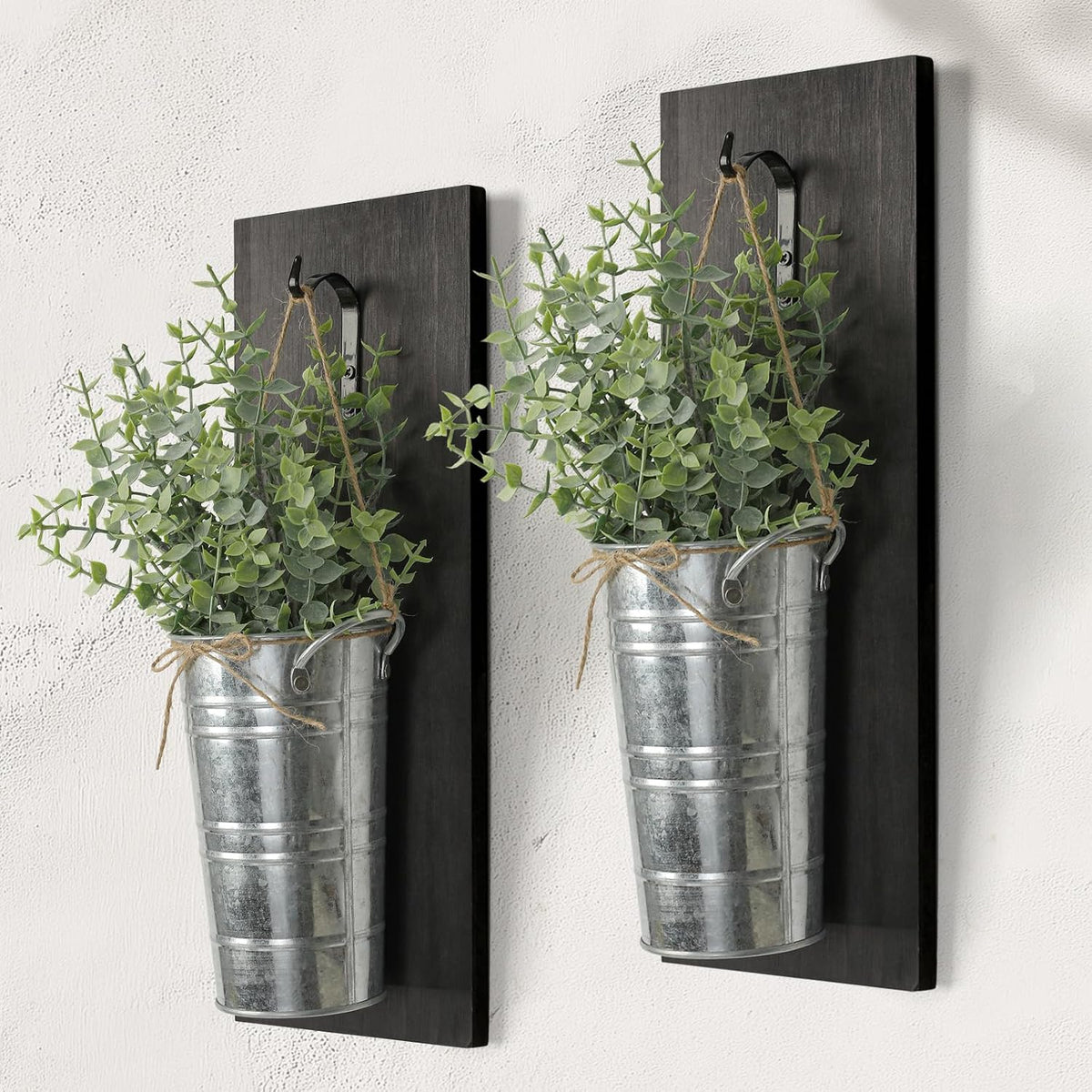 2Pcs Farmhouse Wall Decor Wood Hanging Planters with Artificial Eucalyptus