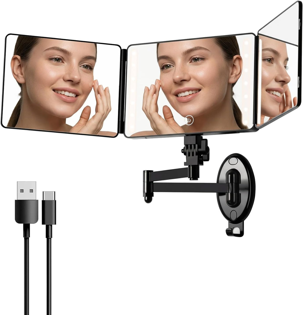 Wall Mounted LED 3 Way Haircut Mirror with Swing Arm, 360° Self Cut View