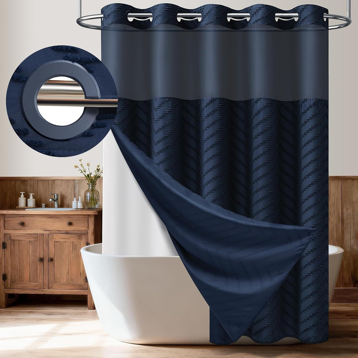 Navy Hook Free Double Shower Curtain Set with Snap-In Liner,72X75