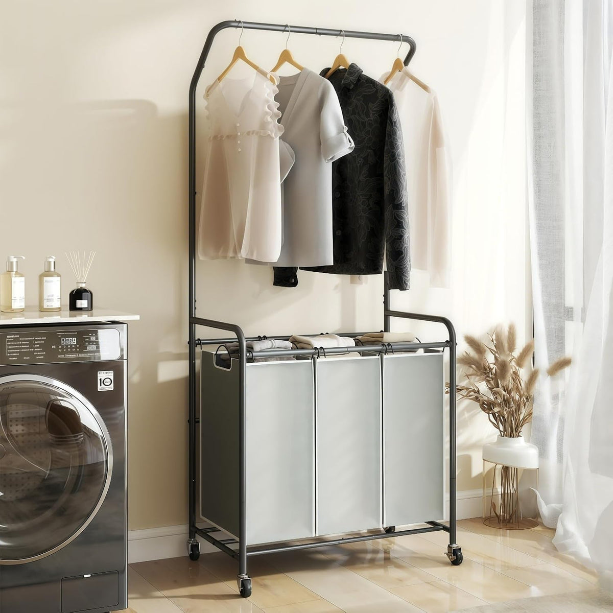 ROMOON Laundry Sorter Hamper with Hanging Bar, 3 Section Laundry Cart