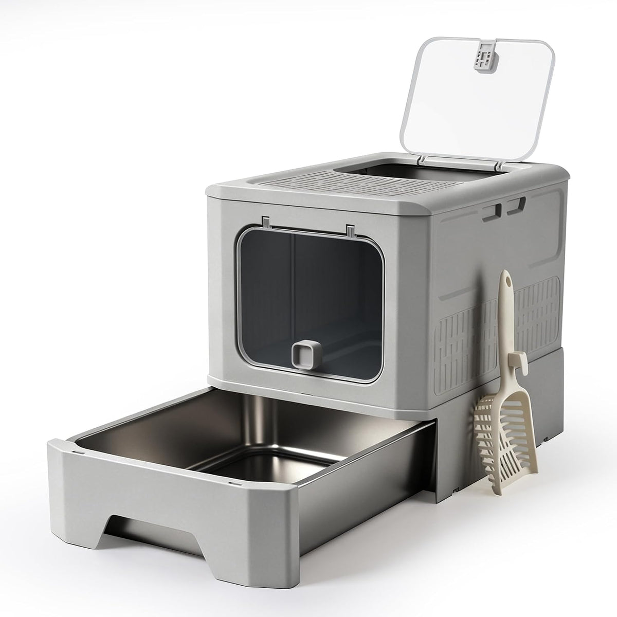 Stainless Steel Litter Box with Lid,Enclosed Stainless Steel Cat Litter Box,Kitty Litter Boxes with Drawer,Foldable Litter Box,Easy to Clean and Wash,With Scoop for Kitten to Medium Cats under 12Pound