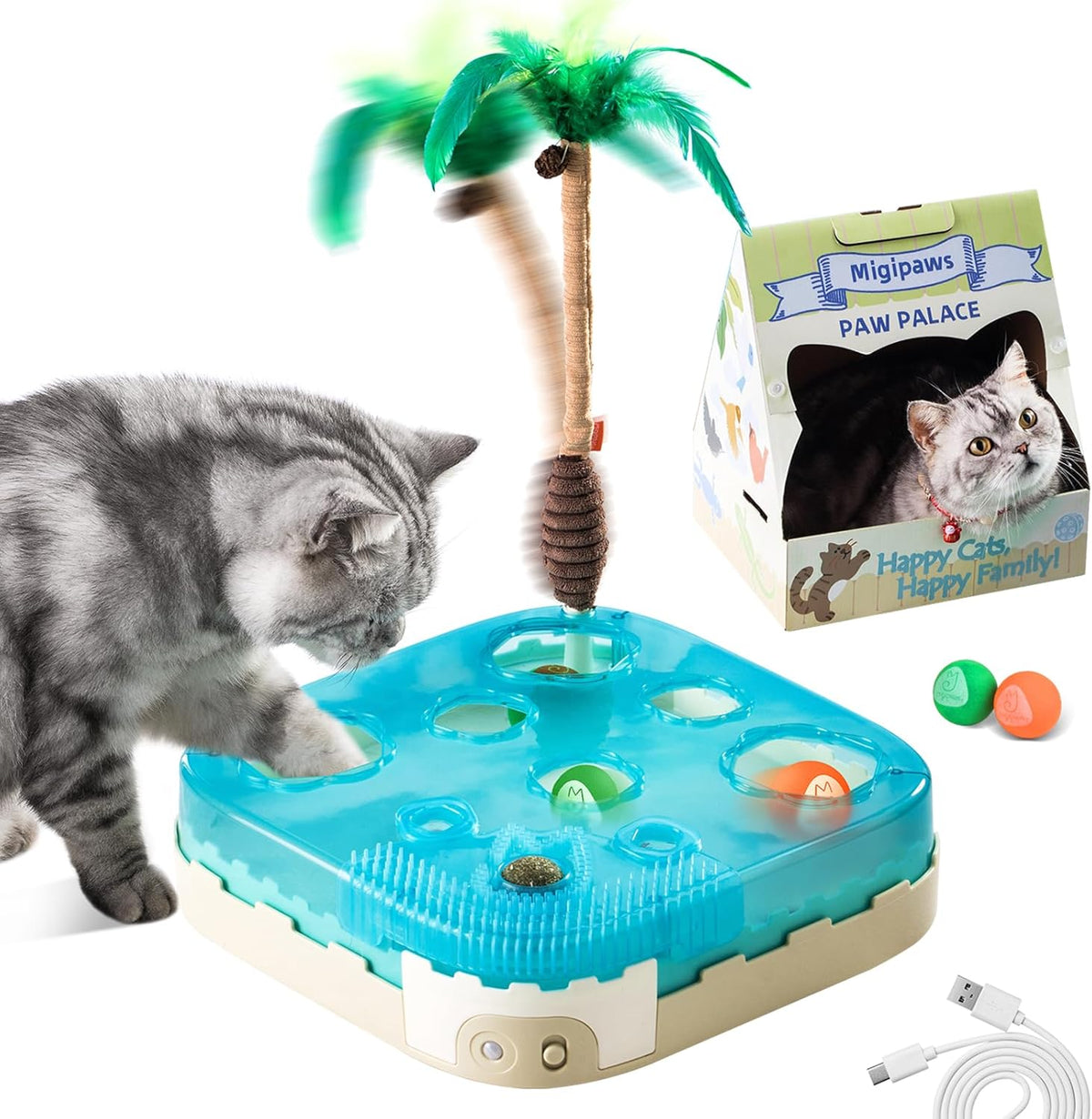 Migipaws 7-In-1 Interactive Cat Toy Motion Activated Indoor Playset with Automatic Pop Bounce Cat Ball, Feather Palm Tree Wand, Catnip Ball & Self-Grooming Cardboard House Rechargeable