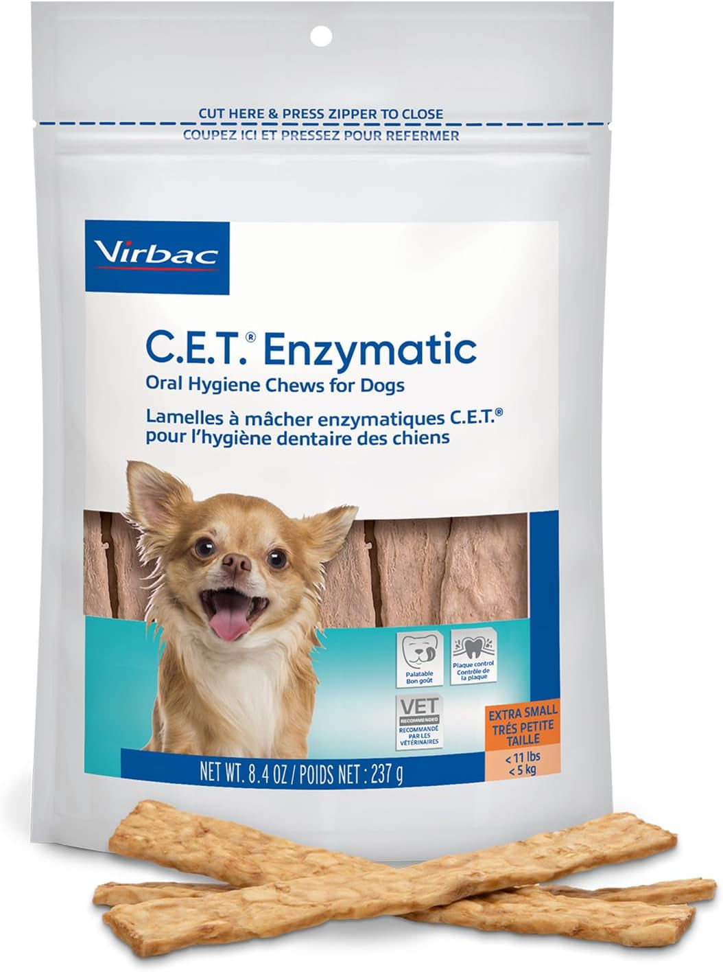 Virbac C.E.T.® Enzymatic Oral Hygiene Chews for Dogs, X Small - Plaque & Tartar Control - Single Layer Beefhide with Exclusive Dual-Enzyme System & Tasty Chicken Flavor - Easy to Give Dog Dental Chew