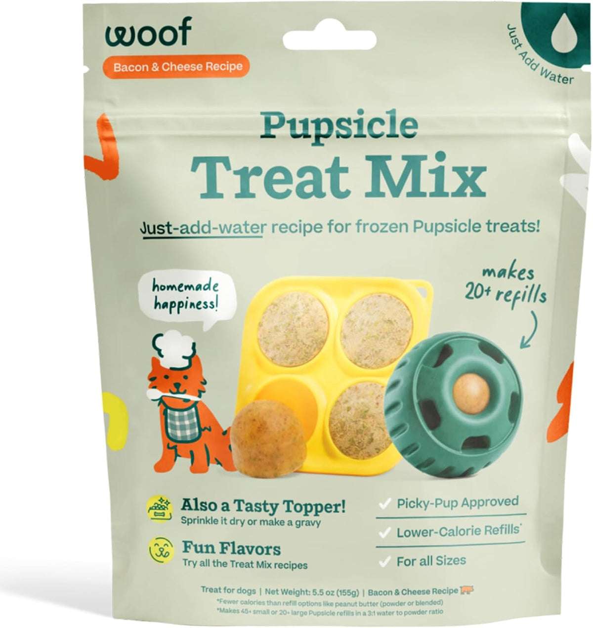 WOOF Dog Pupsicle Mix - Easy-To-Make DIY Pupsicle Refills - Tasty, Healthy Pupsicle Mix - Wholesome Ingredients - Long-Lasting Treats for Dogs - Bacon and Cheese Mix