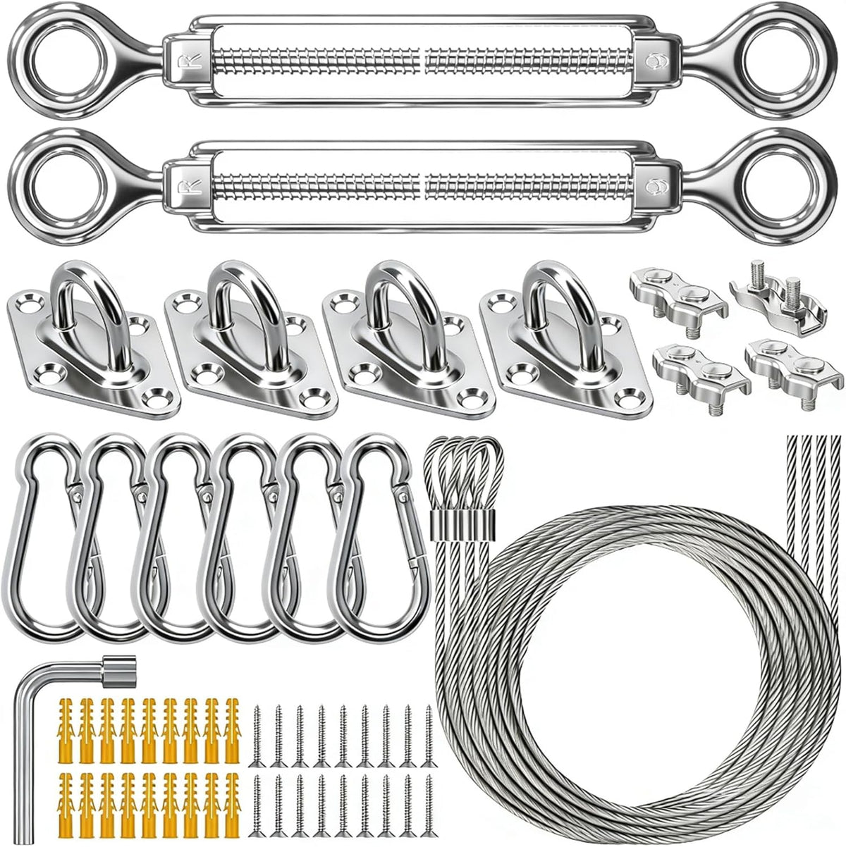 HYASIA Shade Sail Hardware Kit with Wire Ropes, 304 Stainless Steel Heavy-Duty Rustproof Turnbuckles, Hardware for Triangle Rectangle Square Sun Shade Sails, Ideal for Patios Gardens Lawns Outdoor