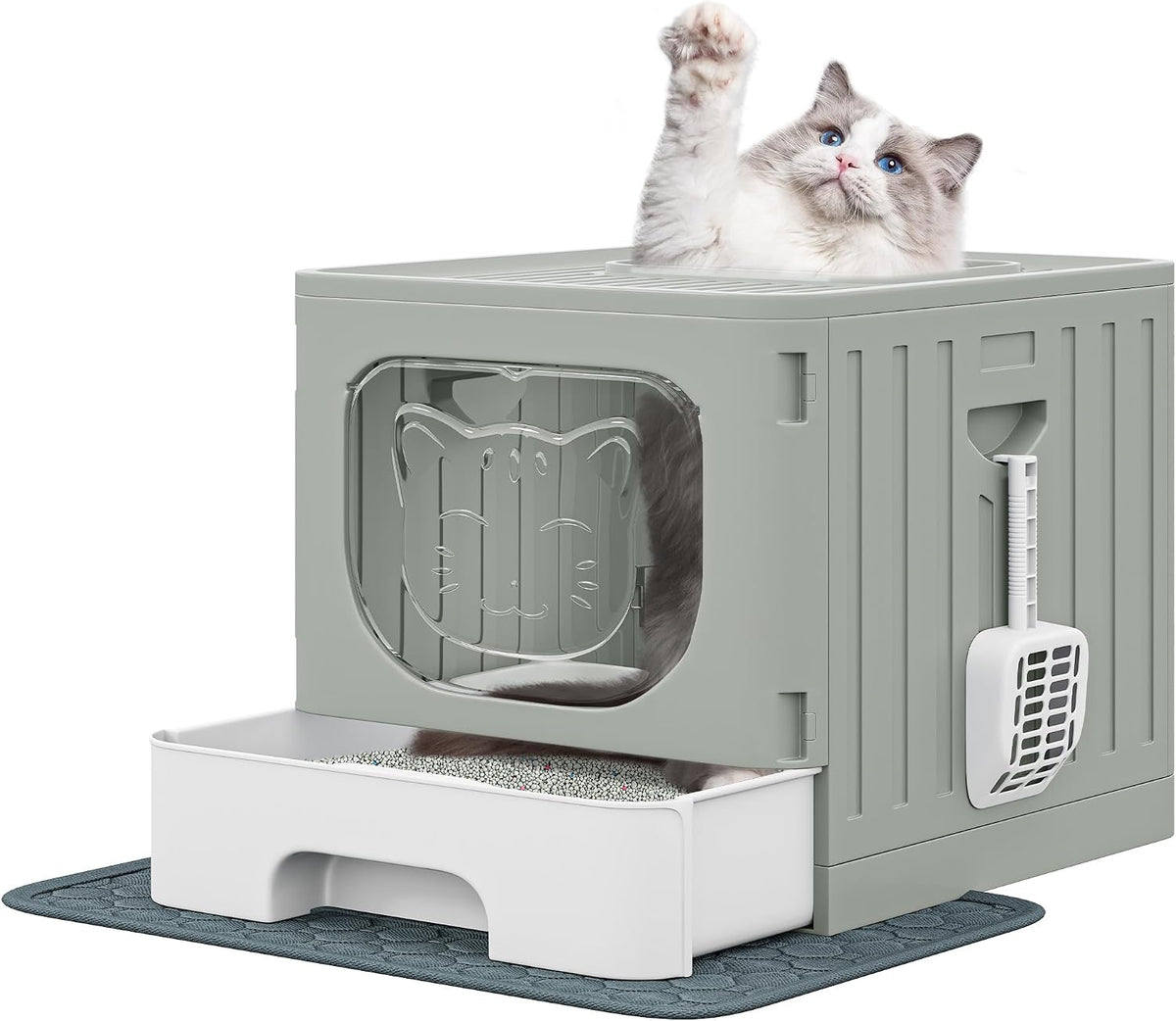 YITAHOME Large Enclosed Cat Litter Box W/Mat Scoop Grey Litter Box with Lid