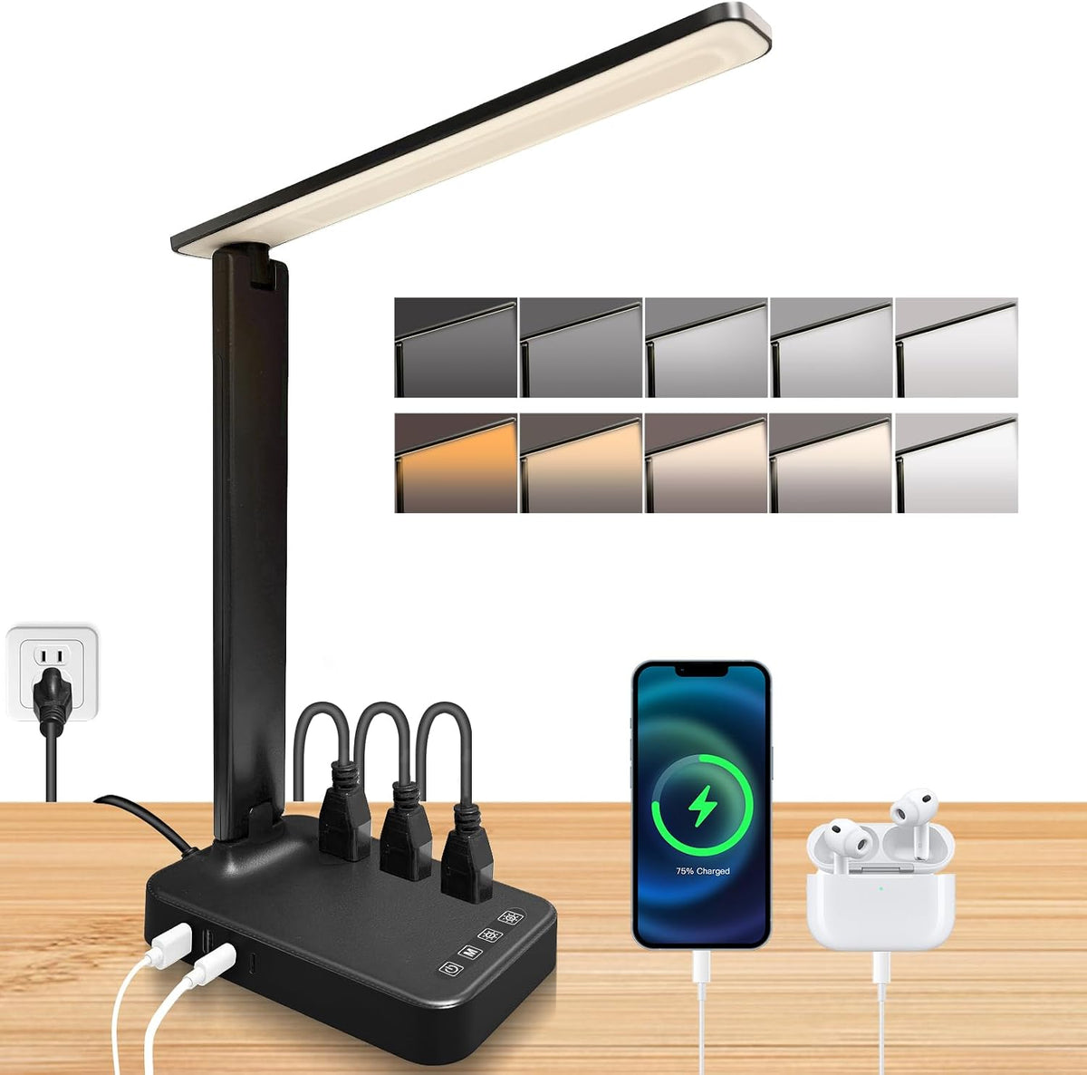 Karidi LED Desk Lamp with Power Strip, 3 AC Outlets & 4 USB Ports (2 USB-C), Eye-Caring Task Light, 5 Color Modes 5 Brightness Dimmable, Sturdy Base Home Office Dorm Room Essentials
