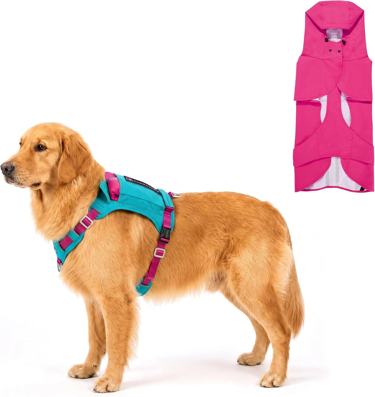 2-In-1 Dog Harness with Built-In Raincoat, Waterproof Packable Dog Rain Jacket, Reflective Adjustable Dog Rain Coat with Leash Portal, Aqua Blue Harness/Rose Red Raincoat, Large