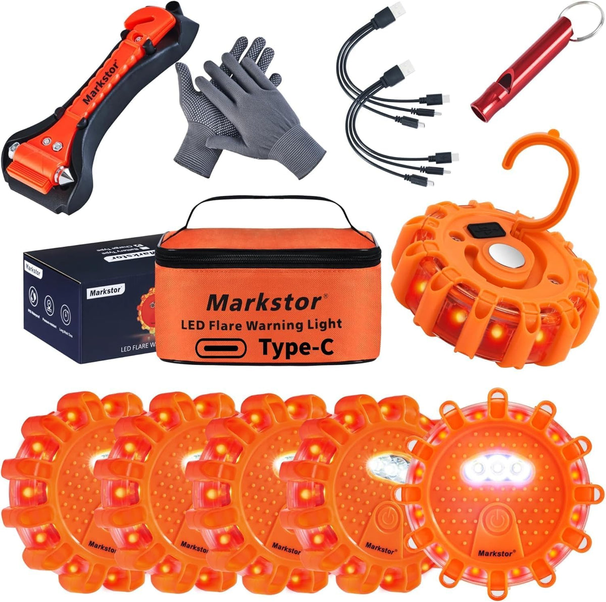 6-Pack LED Road Flares, Rechargeable Roadside Emergency Kit