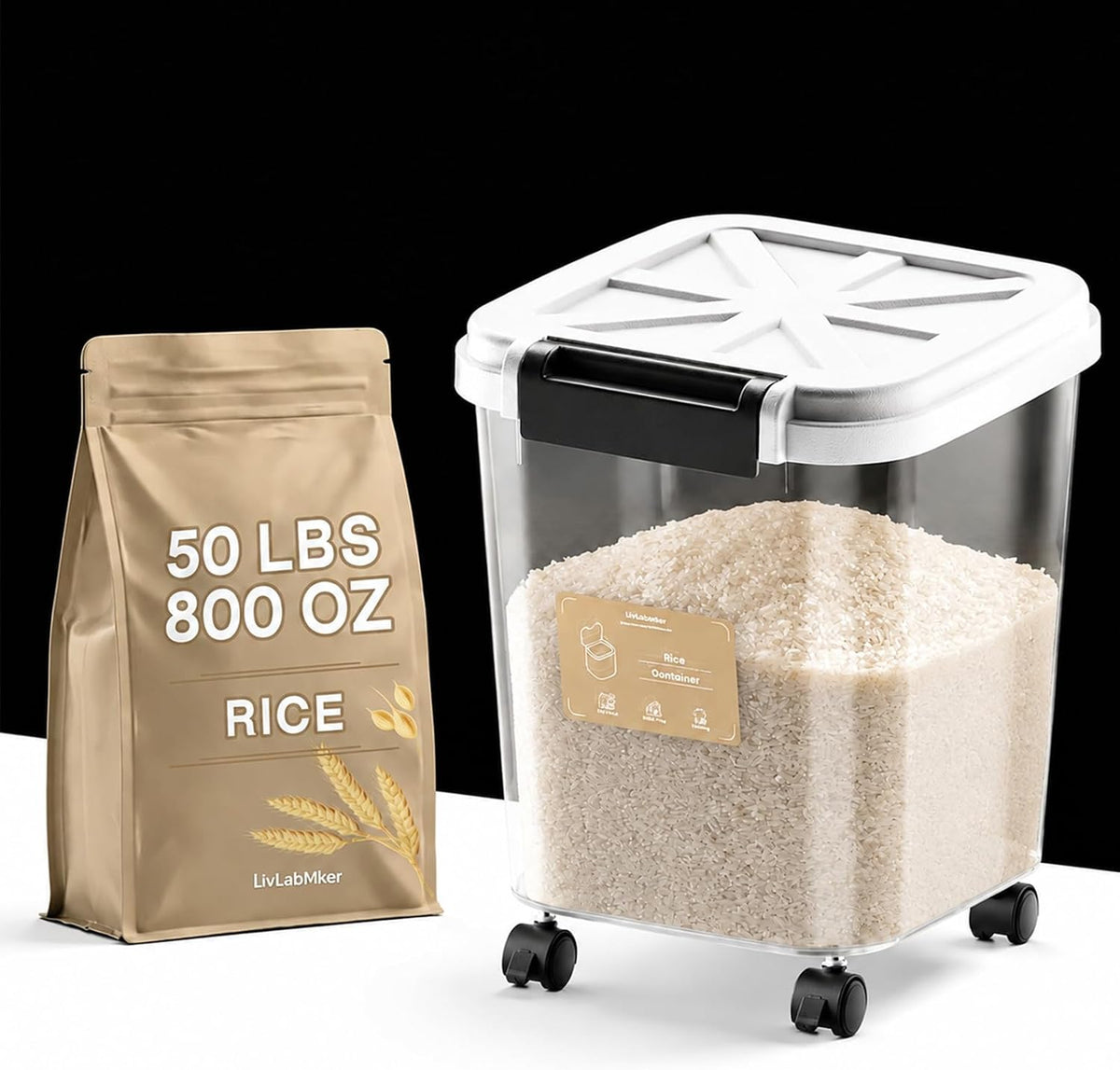 Livlab Mker Rice Dispenser - 50LBS Airtight Food Storage Container with Lids,Cereal Flour Storage Container with Wheels, Flour Bin Rice Organizer (25KG)