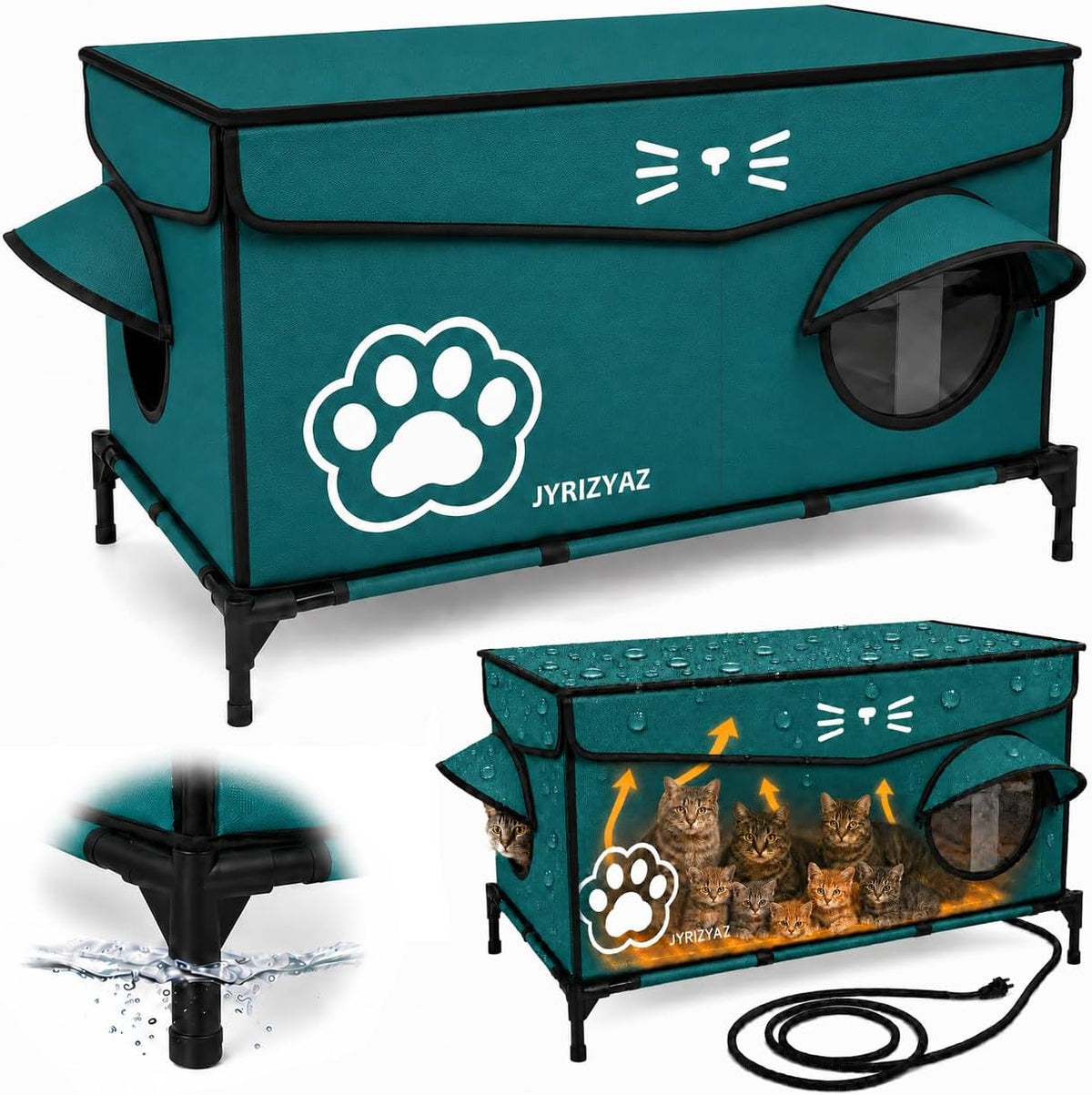 Heated Cat House for Outside, 36"X22"X21" Large Size Winter Insulated Waterproof Outdoor Cat House with Heating Pad, Elevated Weatherproof Feral Cat Shelter with Escape Door for Cats & Small Dogs