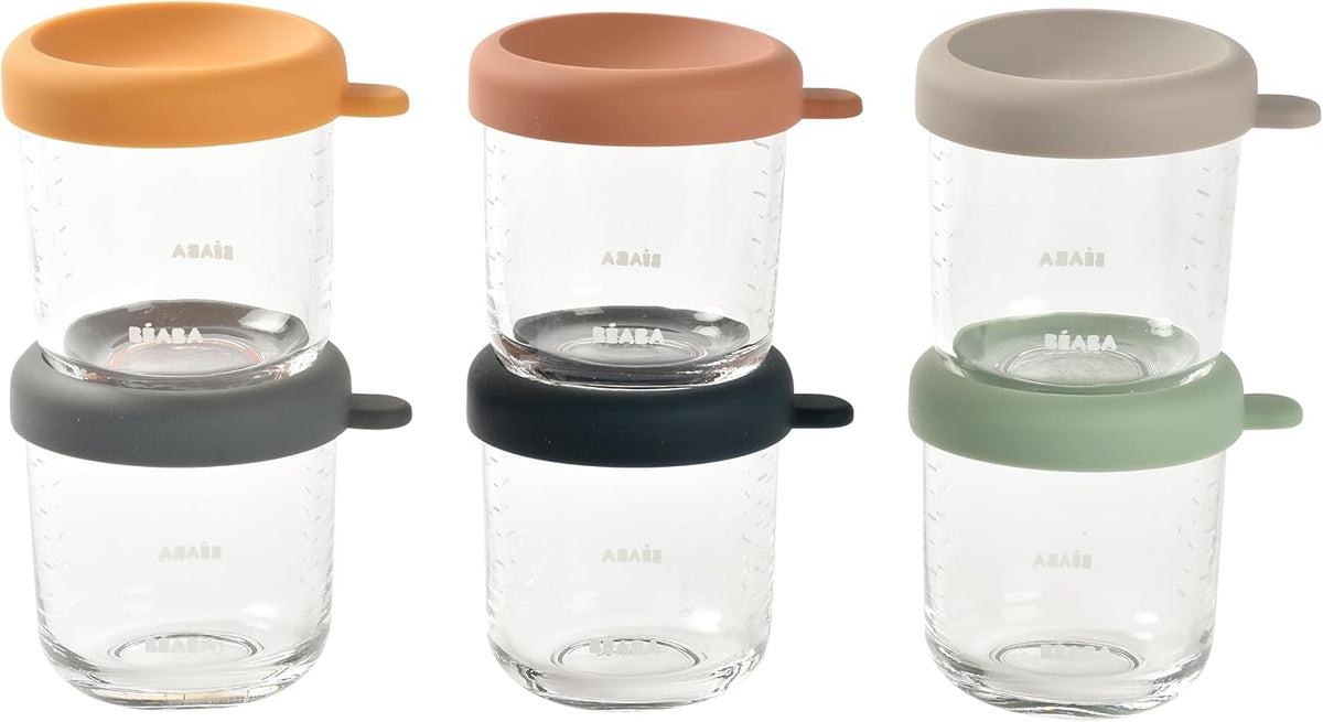 BEABA 6 Pack Glass Baby Food Jars with Soft Silicone Air Tight Lids, 8 Oz Glass Storage Containers with Lids, Microwave and Freezer Safe Containers, Sunrise