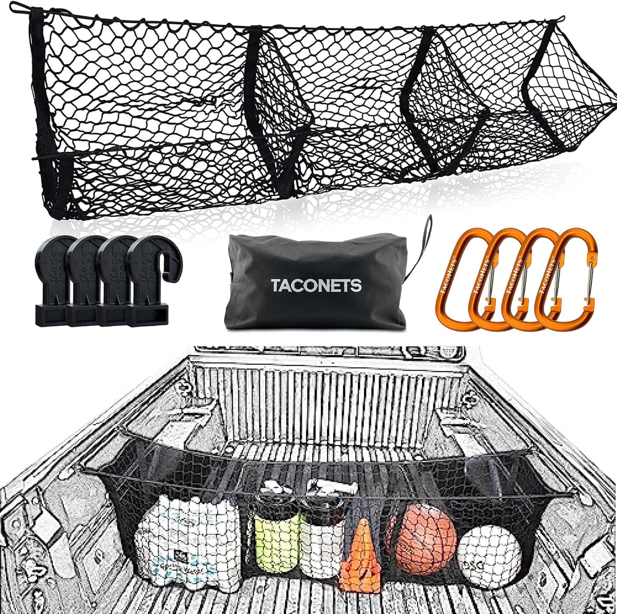 Taconets Three Pocket Cargo Net for 2005-2026 Toyota Tacoma - Patented Design - Premium Truck Bed Organizers & Storage - Grocery Holder - Designed in USA