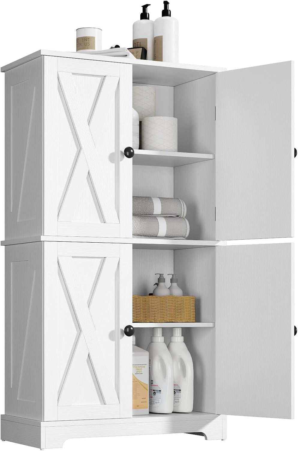 Farmhouse Bathroom Storage Cabinet, 4-Door Floor Cabinet