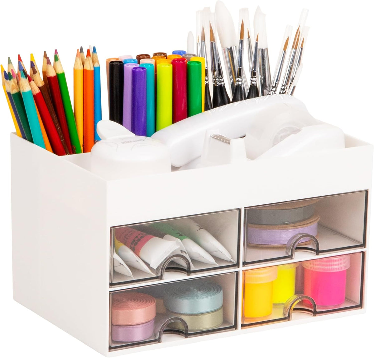 Mind Reader Craft Supply Organizer with Top Tray and 4 Drawers, Desktop Storage for Pens, Scissors, Tape, Beads and Accessories, Plastic, White