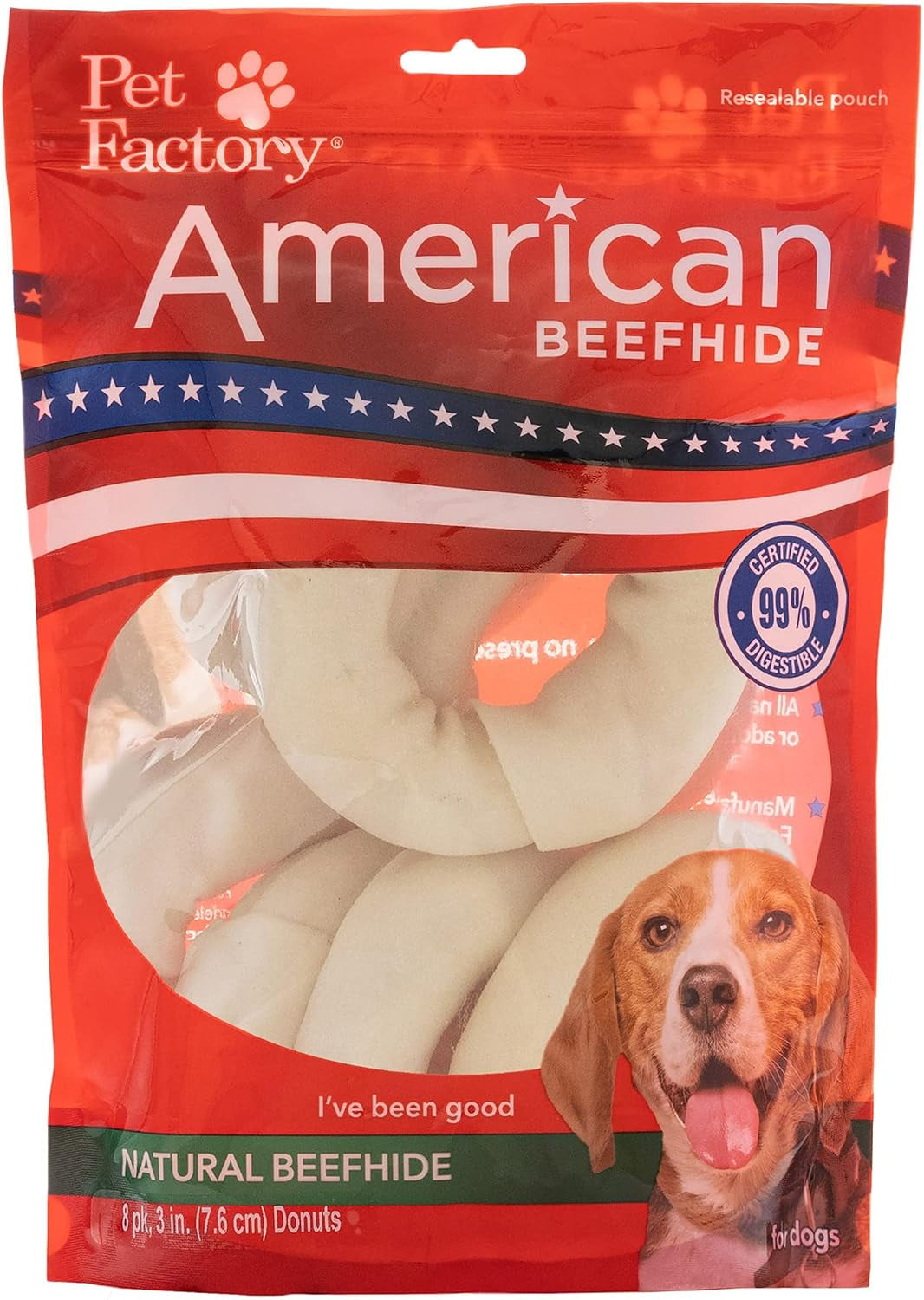 Pet Factory American Beefhide 3-4" Donuts Dog Chew Treats - Natural Flavor, 8 Count/1 Pack