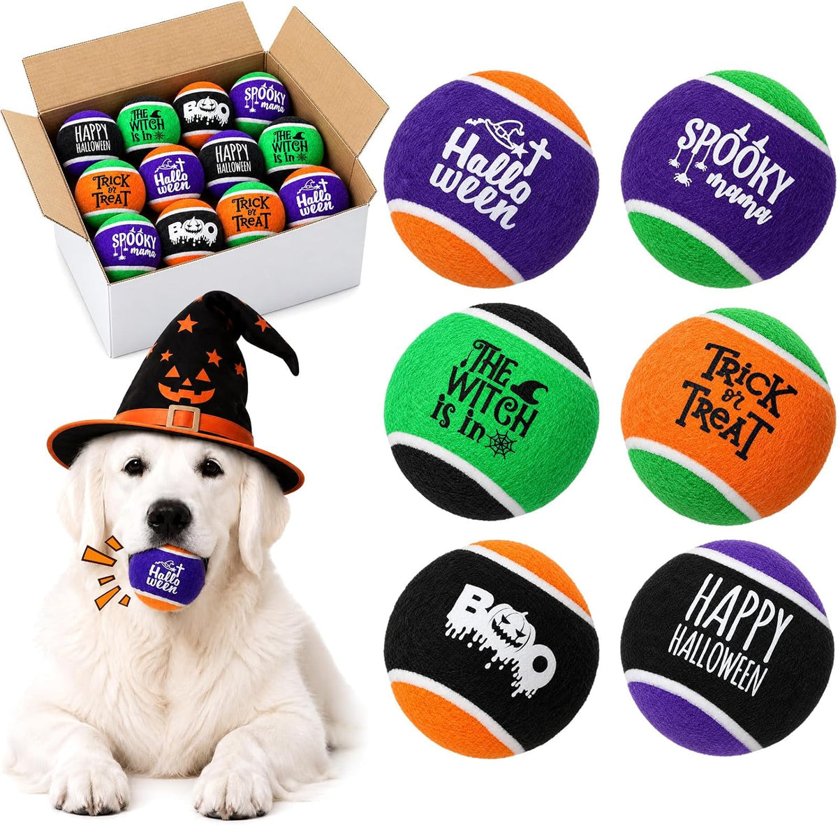 12 Pcs Halloween Squeaky Dog Toys Bulk, 2.5 Inch Cute Tennis Balls Gifts