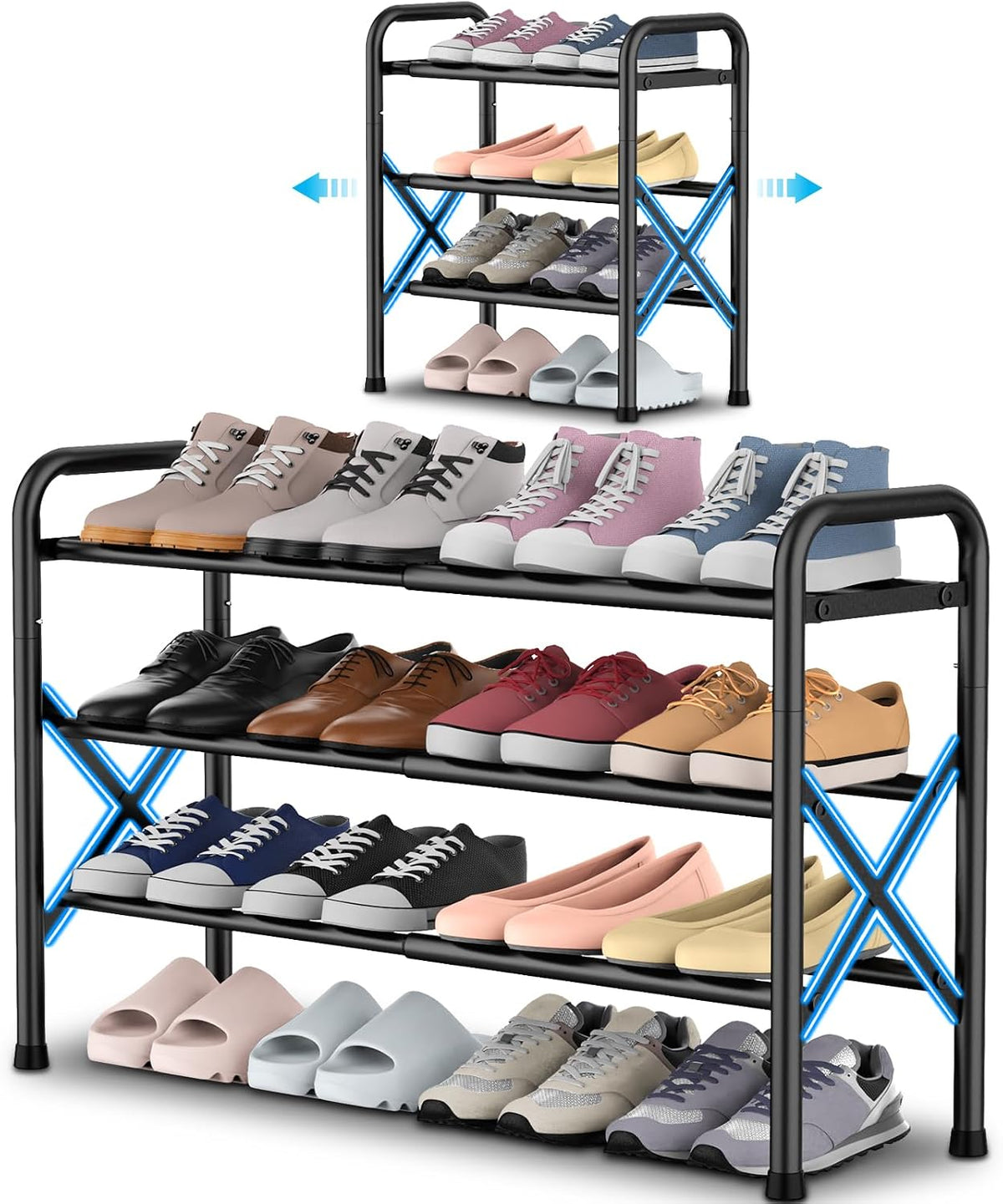 YEASHEIN 3-Tier Expandable Shoe Rack for Closet Floor, X-Frame - Black