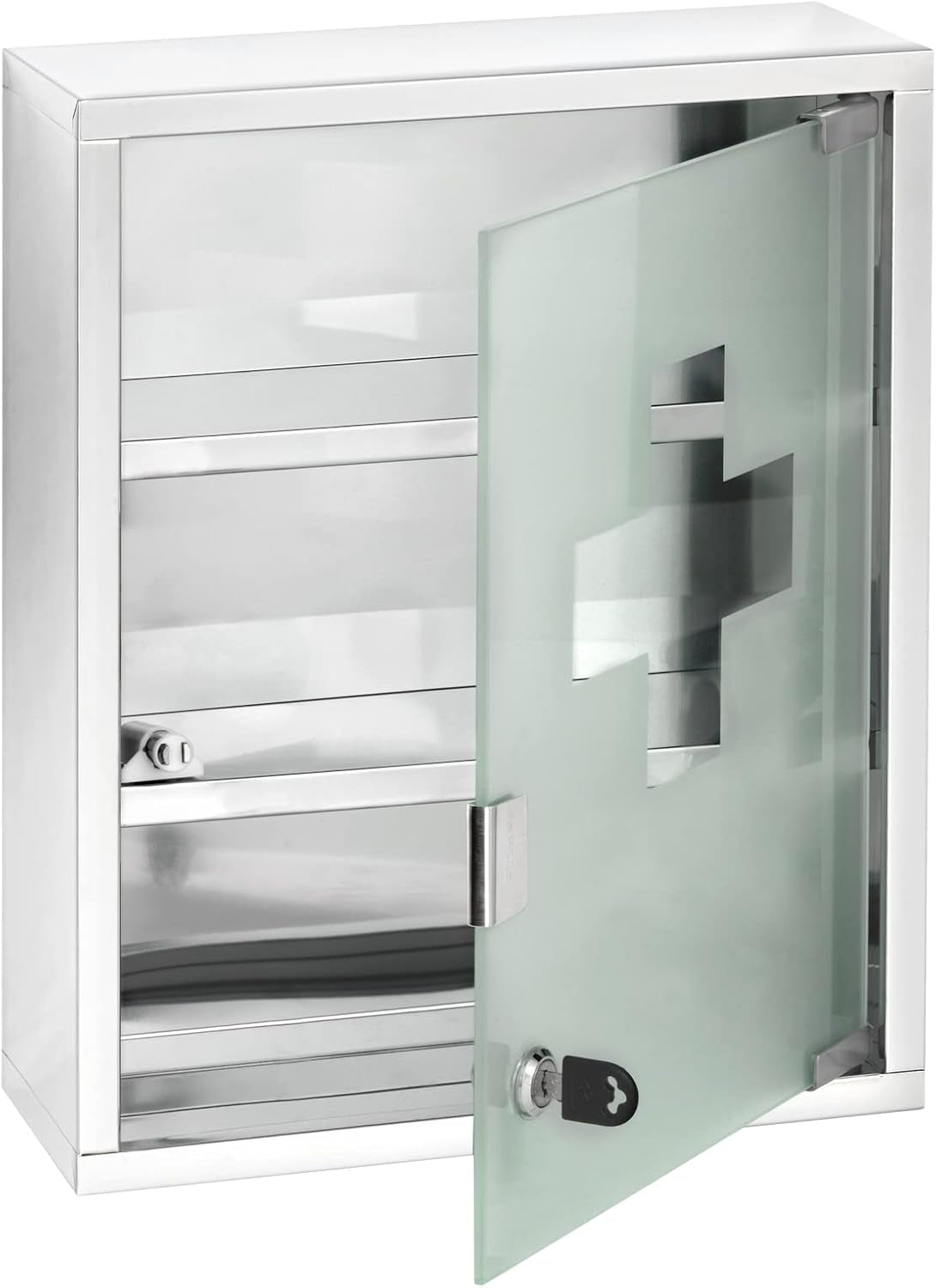 WENKO Medicine Cabinets with Lock, Wall Mounted over the Toilet Storage Shelves, First Aid Bathroom Wall Cabinet with Safety Glass Door, Medium, 11.8 X 15.7 X 4.7 In, Silver Shiny