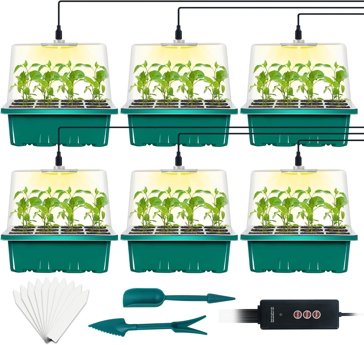 6-Set Seed Starter Tray with Grow Light, Seed Starting Trays Kits with Timing Controller Adjustable Humidity Domes Heightened Lids(12-Cells per Tray)