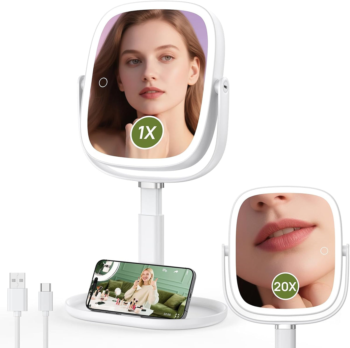 Height Adjustable Lighted Makeup Mirror with Lights and Magnification 20X