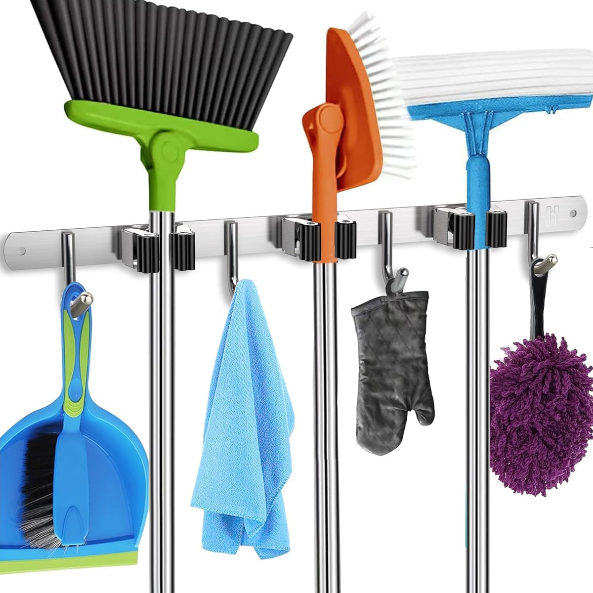 Homely Center Mop and Broom Holder Wall Mount – Heavy-Duty Closet Organizer for Garage, Kitchen, Laundry Organization – Tool Hanger with 3 Racks and 4 Hooks
