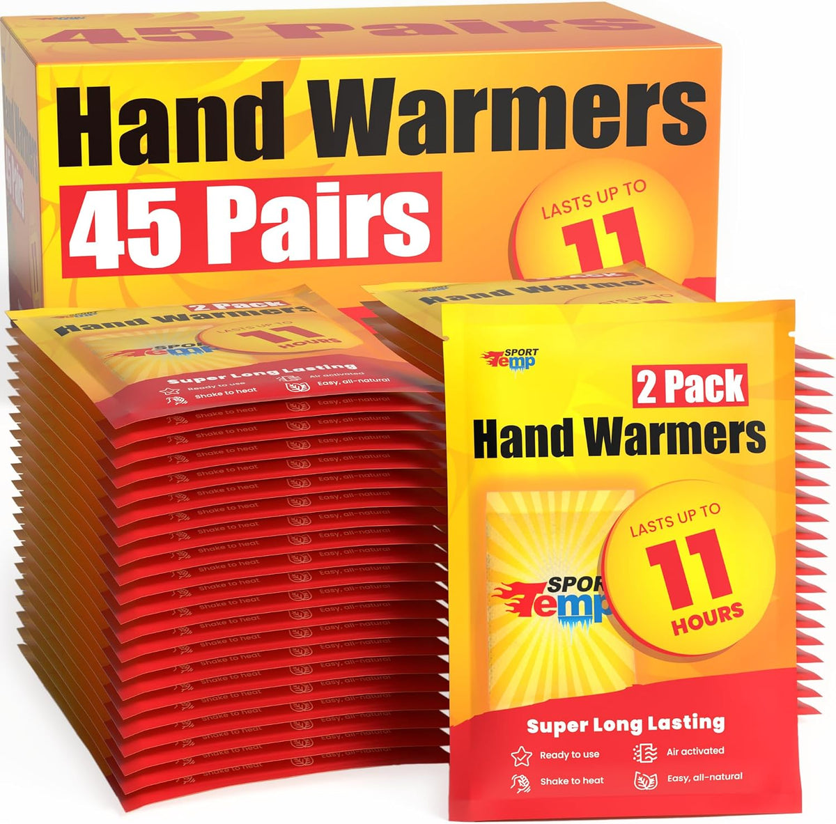 Hand Warmers - up to 11 Hours of Heat, Super Long Lasting - Easy, All Natural - Air Activated, for Body, Hands & Toes - Odorless Hot Hand Warmer - Sport Temp