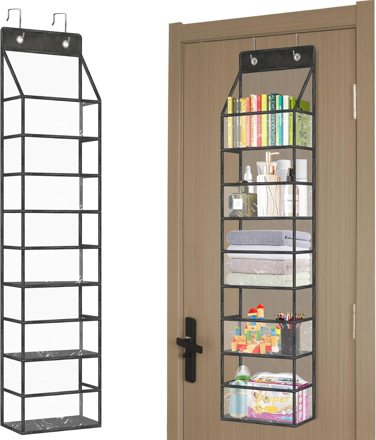 5-Shelf over the Door Pantry Organizer with Clear Pockets, Heavy Duty Hanging Storage for Closet, Bedroom, Bathroom, and Nursery (Black, Holds up to 28 Lbs)