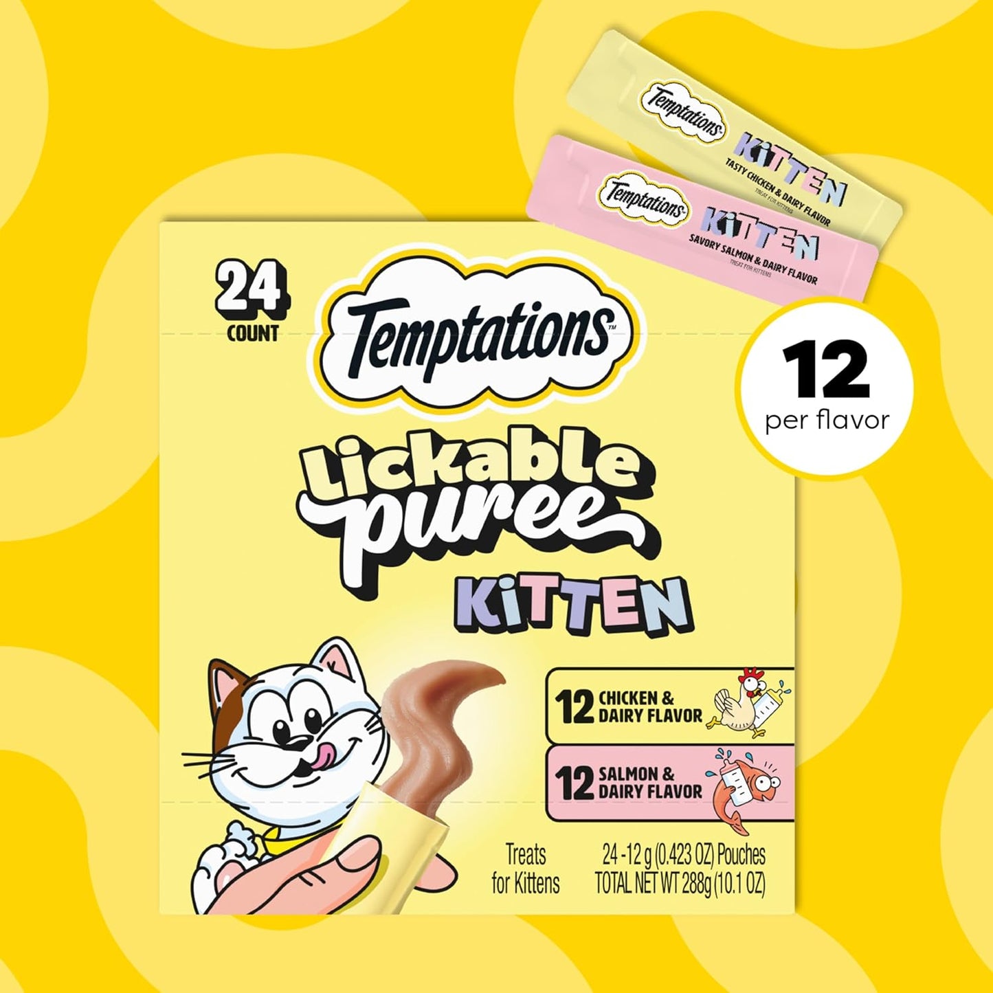 Temptations Puree Kitten Treats Lickable, Chicken and Salmon Variety Pack, 24 Pouches