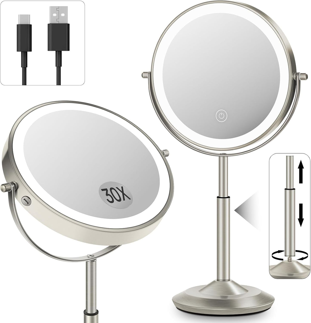 8" Lighted Makeup Mirror with Light,30X Magnifying Height Adjustable Mirror
