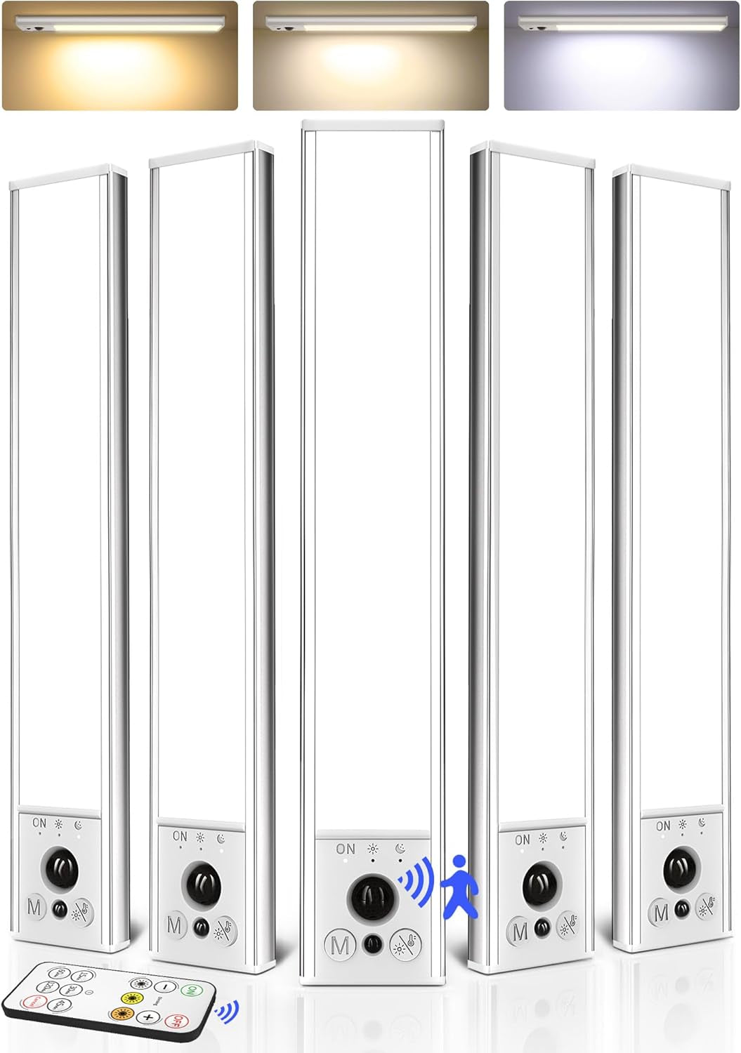 EZVALO 5-Pack 10Inch under Cabinet Lighting, 2400Mah Rechargeable Motion Sensor Light, Magnetic Closet Lights with Dimmable & 3 Color Temps, Wireless Motion Activated Lights with Remote for Kitchen