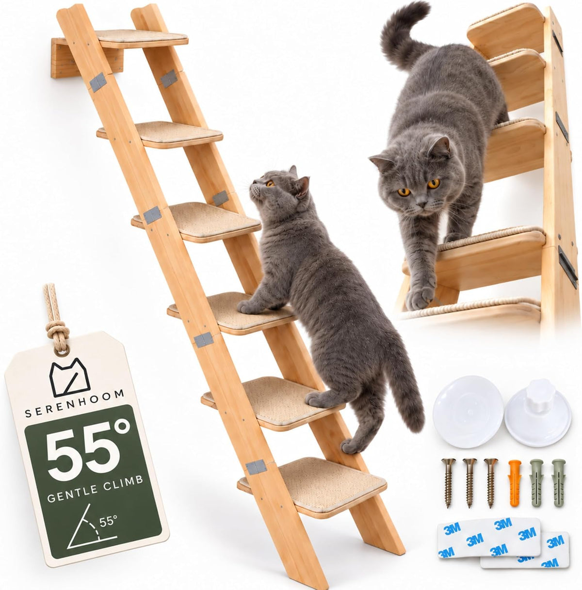 65" Tall 6-Level Cat Ladder for Window & Wall | Fits Cats up to 20 Lbs |Cat Stairs for Window with 55° Gentle Incline | Requires 43" Floor Clearance | No-Drill Glass Installation