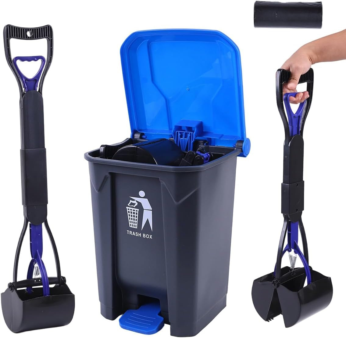 Pooper Scooper 2 Pack with 20 Litre Step Dog Poop Trash Can, 28" Long Handle Dog Poop Scoopers for Large Small Dogs Heavy Duty, Removable Inner Bucket for Outdoors, 50 Waste Bags Included (Blue)