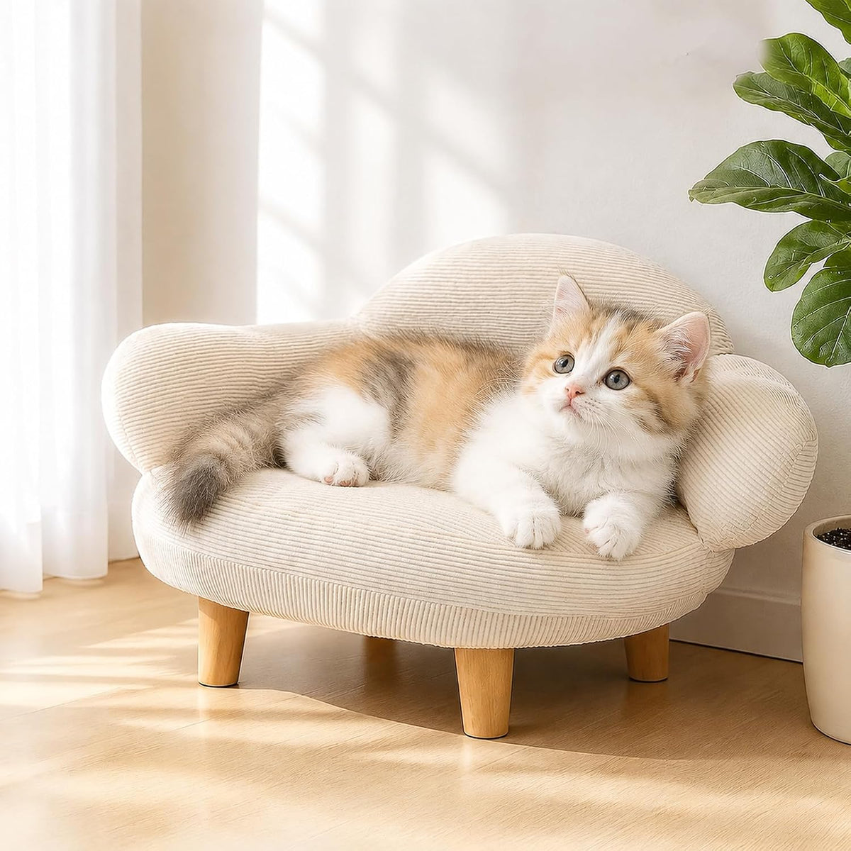 Kitten White Cat Sofa Bed, Pet Couch with Pine Wood Legs