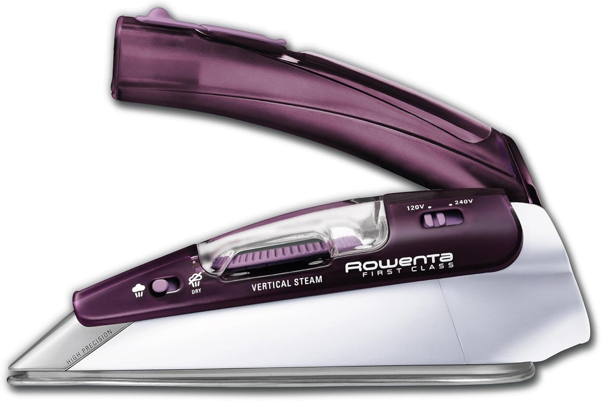 Rowenta Travel Iron, Pro Compact Stainless Steel Soleplate Hand Held Steamer Iron for Clothes, 200 Microsteam Holes, 1000 Watts Ironing, Fabric Steamer, Dual Voltage, Mini Iron, Purple, DA1560