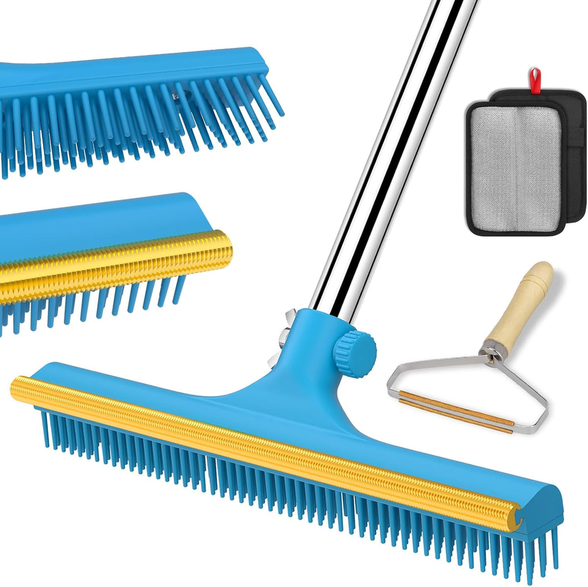 Mupapi Carpet Rake for Pet Hair Removal, Reusable Pet Hair Remover Broom, 60'' Adjustable Long Handle Dog and Cat Hair Remover Tool Set of 3, Lint Remover Scraper for Carpets, Rugs, Mats, Couch, Car