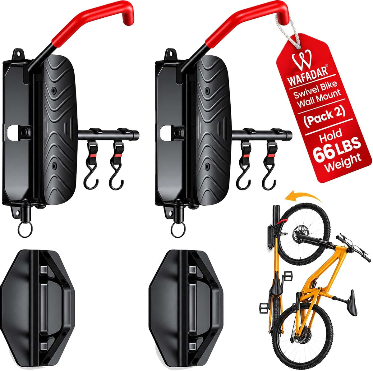 Bike Wall Mount , 2 Pack Heavy-Duty Vertical Rack, 66 Lbs Each, 150° Swivel