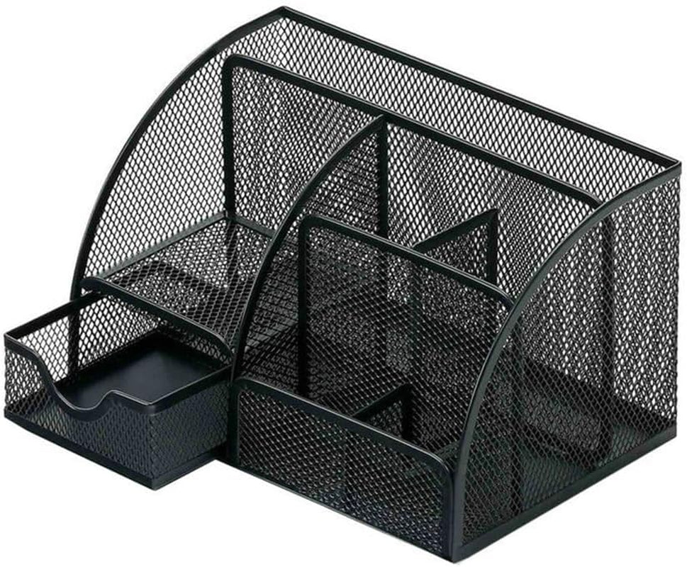 "Mesh Desk Organizer, Desktop Organizer with Drawer, Office Supplies Multi-Functional Caddy, Metal Stationary Black Desk Caddy, with 6 Compartments and 1 Drawer for Home, School, Workshop, Kitchen "