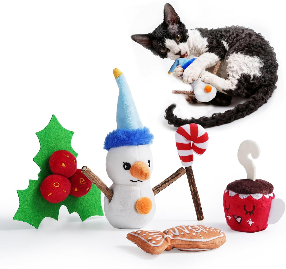 Christmas Cat Toys - 5PCS Catnip Toys for Cats Christmas Theme, Cat Chew Toy with Silvervine Sticks for Cats Health, Durable Fleece Material Snowman, Gingerbread, Cane, Coffee, Holly Berry