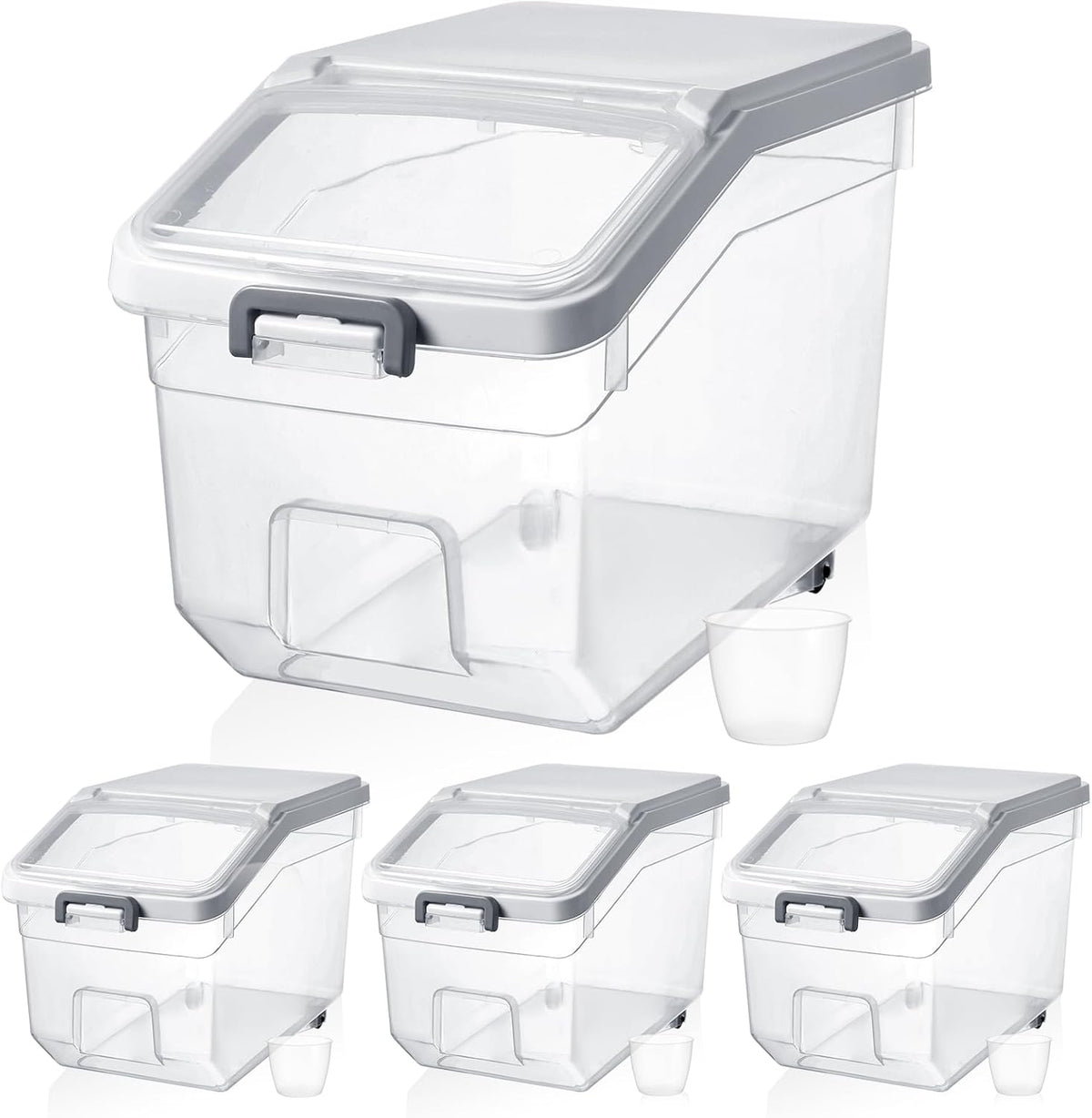 Sunnyray 4 Pcs Rice Storage Container 22 Lb Airtight Flour Container with Wheels Measuring Cup Clear Pet Food Cube Dog Cat Birds Food Bin Grain Cereal Organizer Box for Dry Baking Supplies(White Lid)