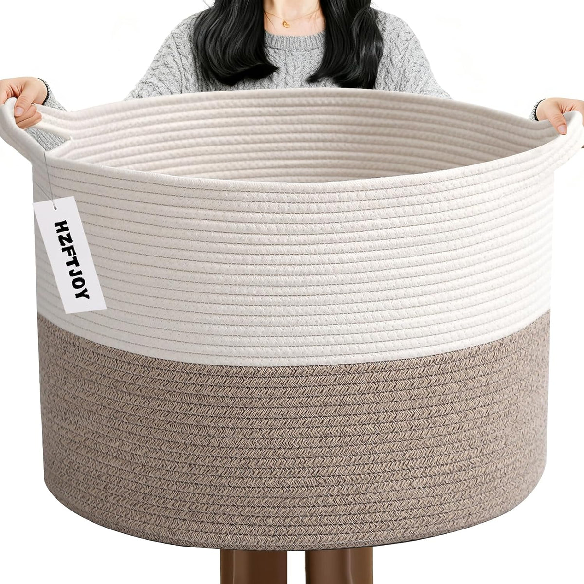 115L Extra Large Blanket Basket,Woven Laundry Basket- White & Brown