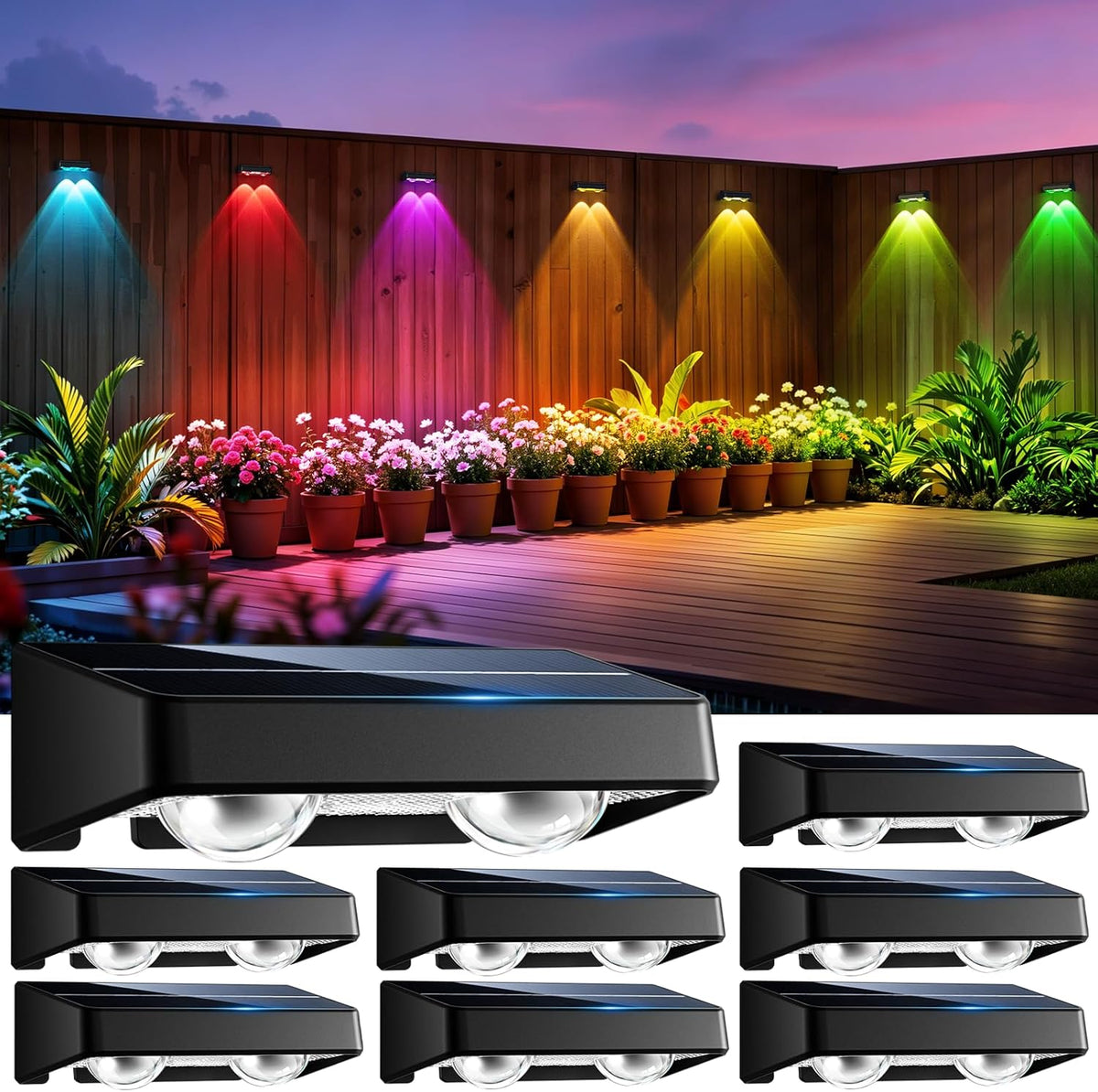 Solar Fence Lights 8 Pack 9 Colors & 11 Lighting Modes Solar Wall Lights Outdoor Waterproof IP65 RGB Color Changing Fence Lights Solar Powered for Garden Yard Patio Deck Step Patio Wall
